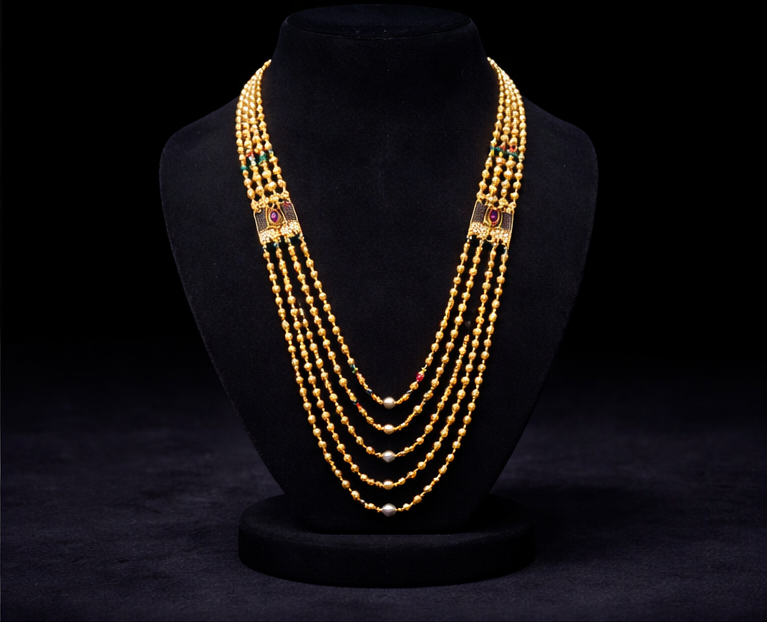 Traditional Multi-Layer Beaded Mala Necklace – Gold Tone Ethnic Long Necklace Jewellery | J Mala 190 (S-1)