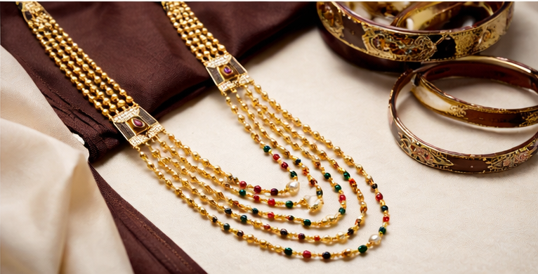 Traditional Multi-Layer Beaded Mala Necklace – Gold Tone Ethnic Long Necklace Jewellery | J Mala 190 (S-1)