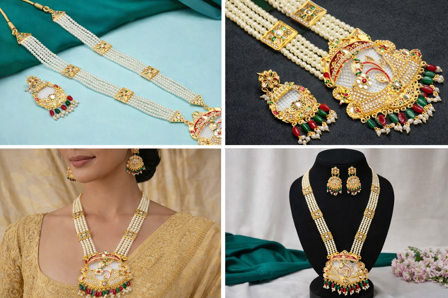Traditional Temple Pearl Rani Haar Necklace Set with Multicolor Stones – Bridal Long Ethnic Jewellery | RH0530