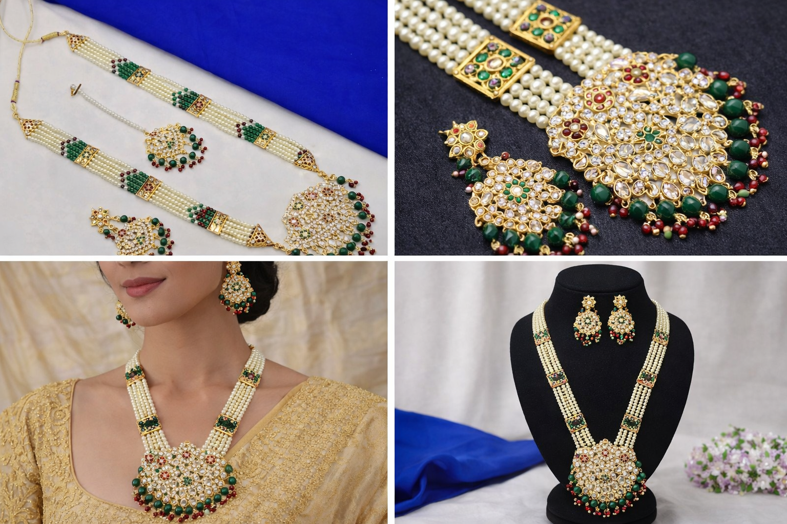 Traditional Pearl Rani Haar Necklace Set with Green & Red Beads – Long Bridal Ethnic Jewellery | RHA0389