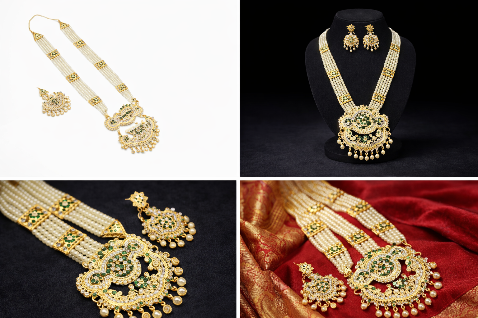 Traditional Pearl Rani Haar Necklace Set with Green Stone Design – Long Bridal Ethnic Jewellery | RHA0374