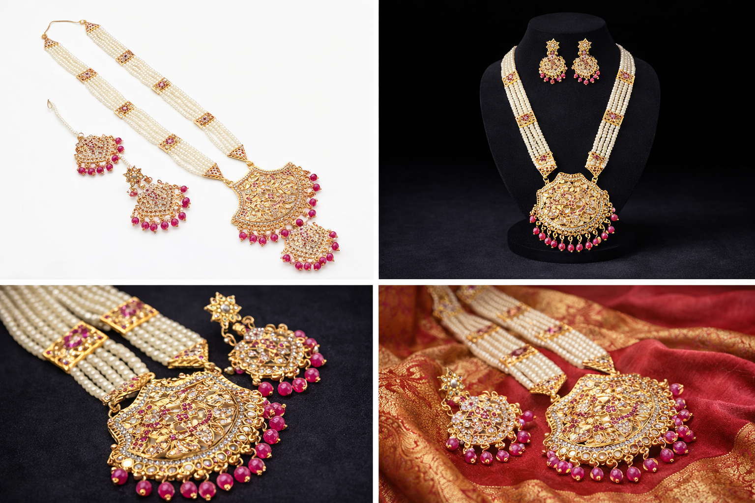 Traditional Pearl Rani Haar Necklace Set with Pink Stone Design – Bridal Long Ethnic Jewellery | RHA0327
